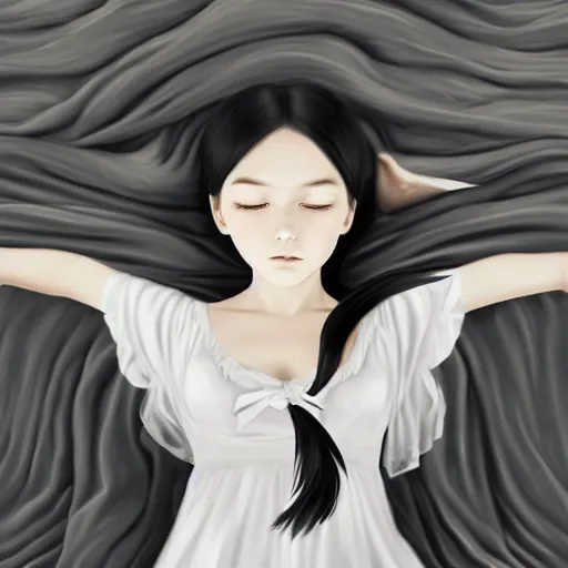 Prompt: little girl with an long black hair dressed in a simple white dress sleeping, anime art style, digital art ilya kuvshinov, inspired by balthus, hd, 4 k, hyper detailed, dark, anatomically correct, angelic face, pic