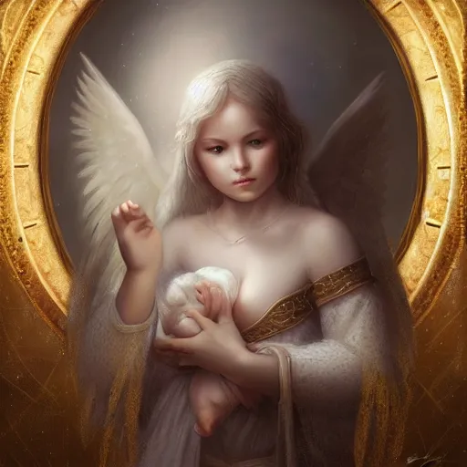 Image similar to A beautiful digital painting of a baby Seraphim, princess, the moon behind her, intricate, cinematic lighting, highly detailed, digital painting, Artstation, concept art, smooth, sharp focus, illustration, art by Tom Bagshaw, Artgerm and Greg Rutkowski