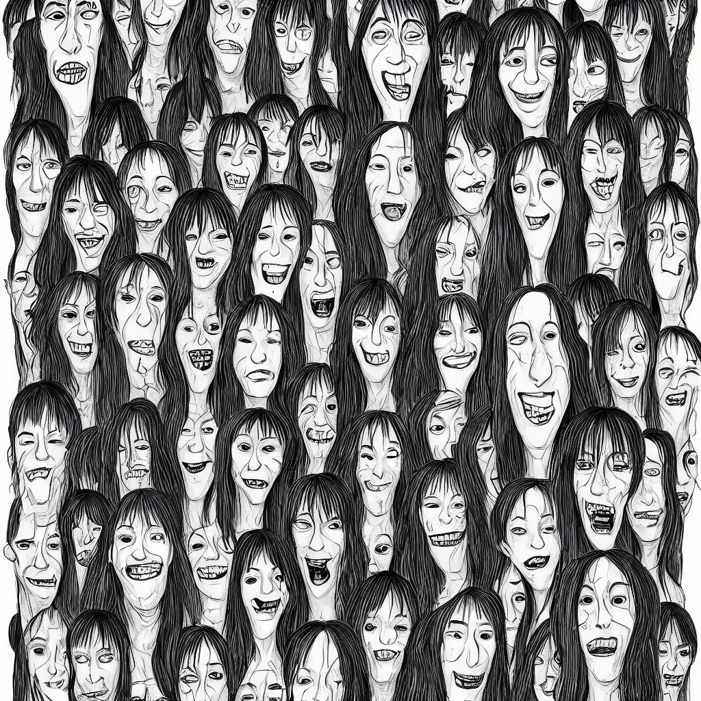 Prompt: portrait photo of a human with an absurdly long face and multiple sets of mouths stacked on top of each other, illustrated by junji ito