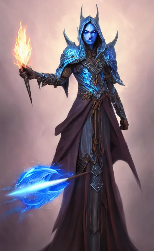 Image similar to legendary dark elf wizard with blue flame staff, highly detailed, d & d, fantasy, highly detailed, digital painting, trending on artstation, concept art, sharp focus, illustration, global illumination, ray tracing, realistic shaded, art by artgerm and greg rutkowski and fuji choko and viktoria gavrilenko and hoang lap