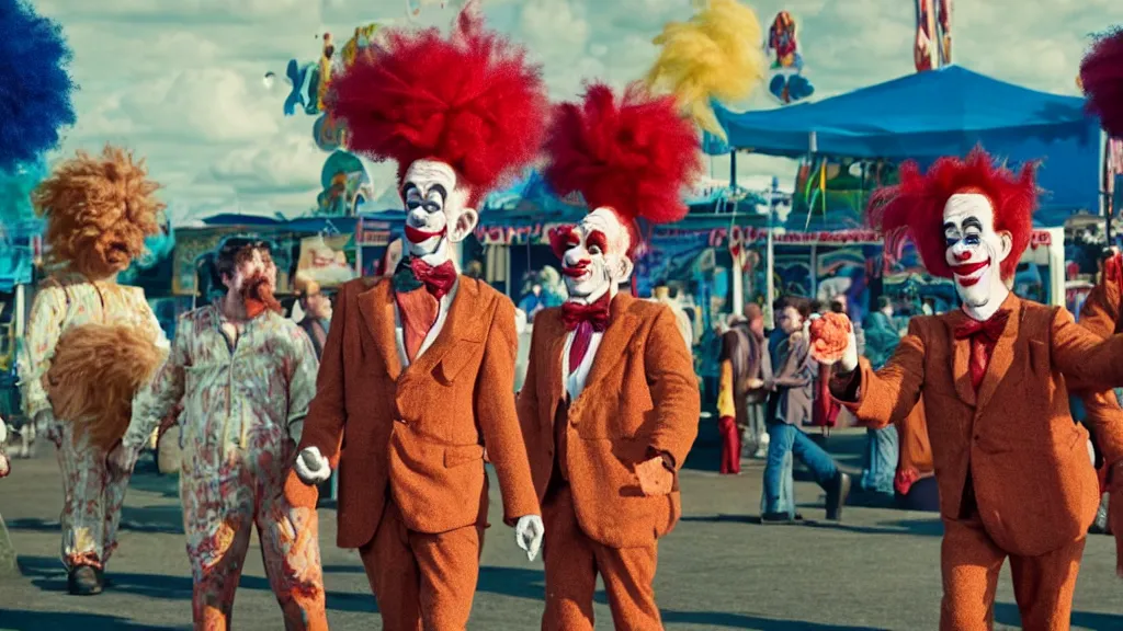 Image similar to the giant clowns at the fair, film still from the movie directed by denis villeneuve and david cronenberg with art direction by salvador dali and dr. seuss