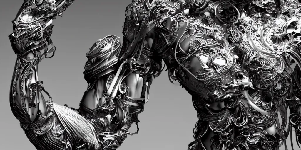 Prompt: hyper realistic photography of a stunningly beautiful cyborg male, plated arm, intimate, chest, holding close, ribbons, in the style of beth cavener, jin kagetsu,, and wlop, highly detailed, intricate filigree, symmetry, masterpiece, award winning, sharp focus, concept art, highkey lighting, ambient lighting, octane render, 8 k, artstation