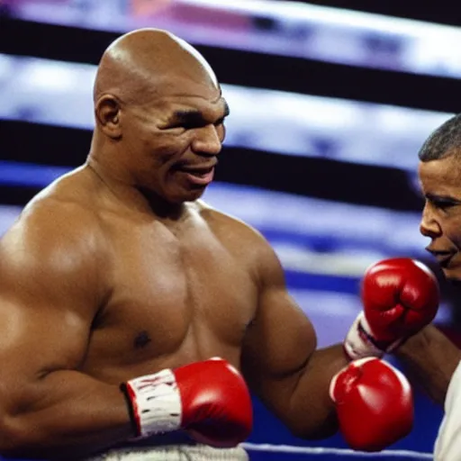 Prompt: Mike Tyson in the boxing ring with Obama