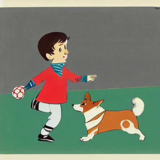 Image similar to book illustration of a french boy on the streets of paris playing football against a corgi, the dog is wearing a polka dot scarf, 1 9 6 6