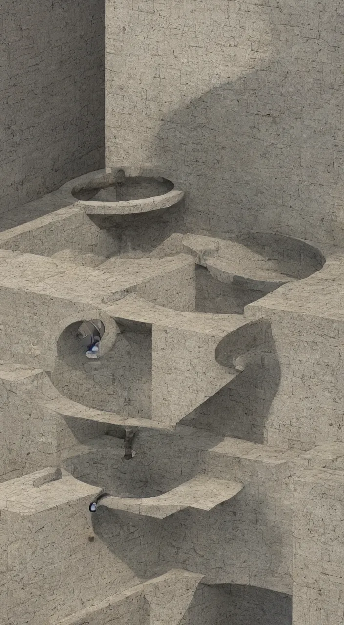 Prompt: a fountain by Carlo scarpa where two currents meet, renal system, isometric , 8k