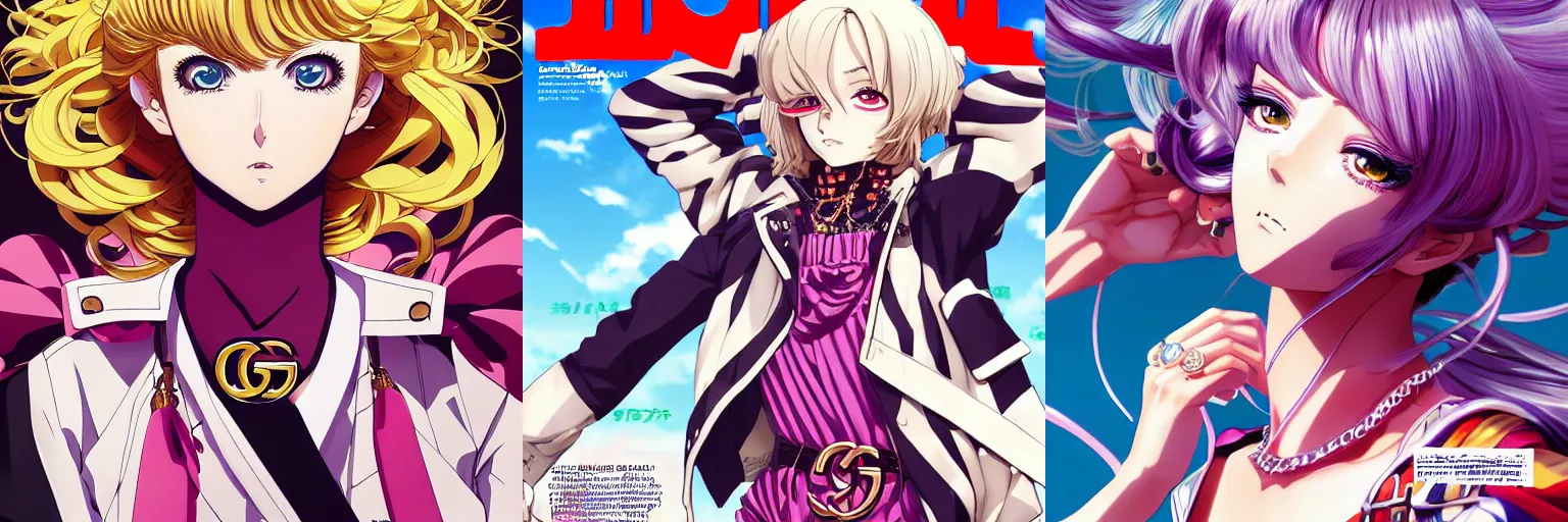 Image similar to Magazine Cover Anime key visual of a Gucci girl; official media; typography; drawn by Hirohiko Araki; Jojo's Bizarre Adventure; Jojolion, portrait, made by Stanley Artgerm Lau, WLOP, Rossdraws, James Jean, Andrei Riabovitchev, Marc Simonetti, Yoshitaka Amano, ArtStation