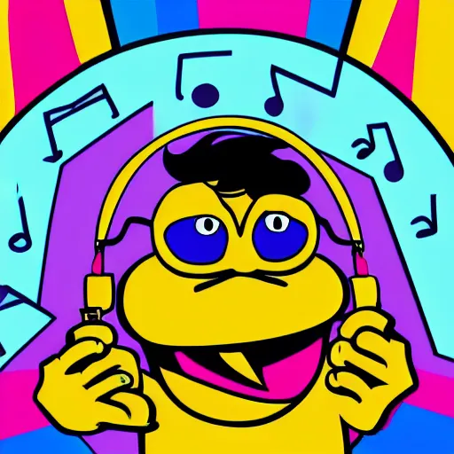 Prompt: svg vector sticker of absolutely insane-big-bird-sesame-street, rocking out, wearing headphones, huge speakers, dancing, rave, DJ, spinning records, digital art, amazing composition, rule-of-thirds, award-winning, trending on artstation, featured on deviantart