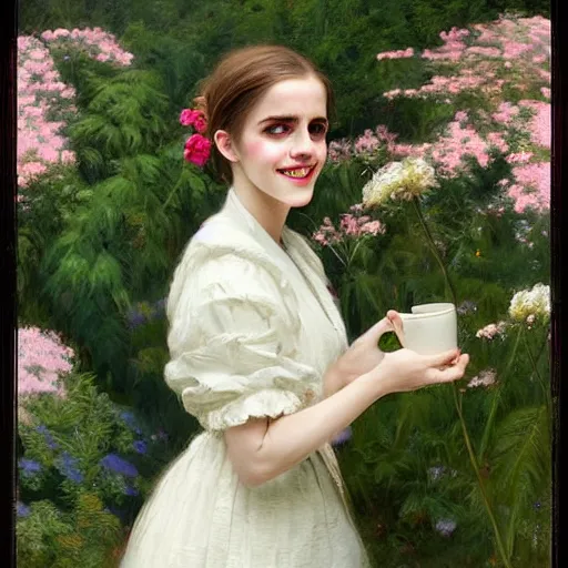 Image similar to laughing mouth open thick paint brush strokes full body fashion model emma watson by Jeremy Lipking by Hasui Kawase by Richard Schmid (((smokey eyes makeup eye shadow fantasy, glow, shimmer as victorian woman in a long white frilly lace dress and a large white hat having tea in a sunroom filled with flowers, roses and lush fern flowers ,intricate, night, highly detailed, dramatic lighting))) , high quality