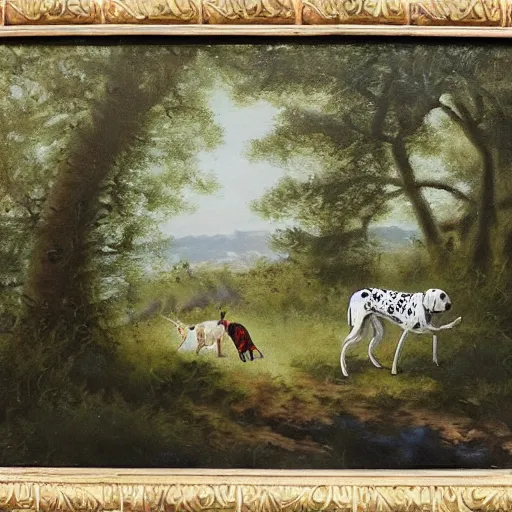 Image similar to granddad and blond curly young grandson walking in french forest with a dalmatian dog with black spots oil painting