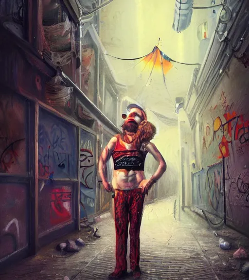 Image similar to Portrait of circus artist, alley with graffiti, dimly lit, wispy smoke, intricate, highly detailed, digital painting, artstation, concept art, sharp focus, illustration, art by einar jonsson