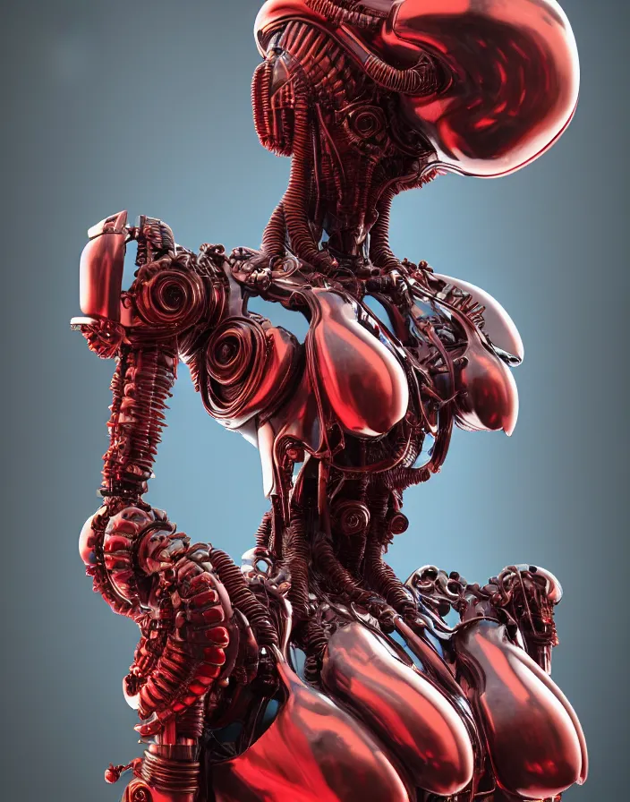 Prompt: portrait, antique marble statue, super hero pose, red biomechanical dress, inflateble shapes, wearing epic bionic cyborg implants, masterpiece, intricate, biopunk futuristic wardrobe, highly detailed, art by akira, mike mignola, artstation, concept art, background galaxy, cyberpunk, octane render