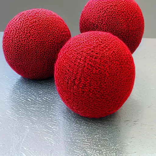 Prompt: chrome spheres on a red cube, knit