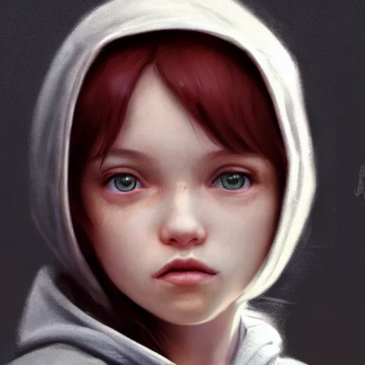 Image similar to a tiny girl with short red hair wearing a hoodie, digital art, cute face, very beautiful face, pretty face, very detailed eyes, full body illustration, 8 k resolution, soft painting, by greg rutkowski, wlop, rossdraws,