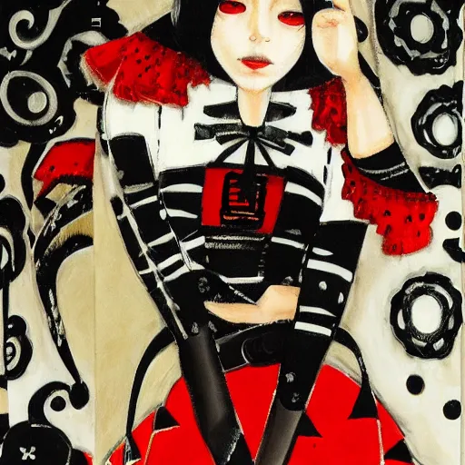 Image similar to Yoshitaka Amano style portrait of an mexican mariachi girl with short white hair and eyepatch wearing suit with patterns, abstract black and white background, film grain effect, highly detailed, oil painting