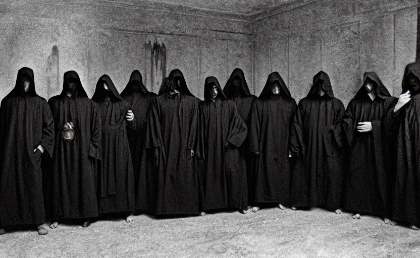 Image similar to a old grainy 1 8 0 0 s black and white photo of a group of demonic cultists, wearing robes, wearing hoods, performing a ritual, grainy, old photo, golden ratio, scary, horror photography, 5 0 mm lens, f 1. 8