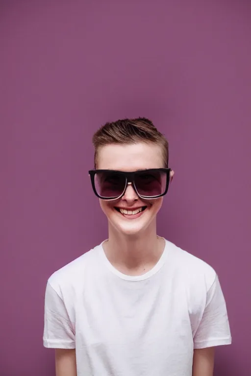 Prompt: a high definition film photograph of a normal androgynous robot human wearing a plain white t - shirt, in a pastel pink room. smiling. sunglasses. crushed shadows.