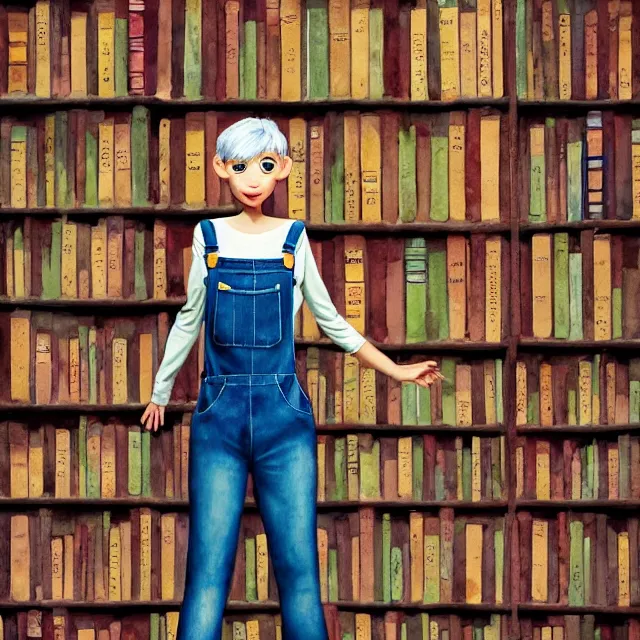 Prompt: full body pose, beautiful adult book fairy, no glasses, pixar, short white hair shaved sides, dirty, grungy, grunge, long sleeve, painted overalls, stacks of giant books, highly detailed, 4 k, hdr, smooth, sharp focus, high resolution, award - winning photo, artgerm, photorealistic