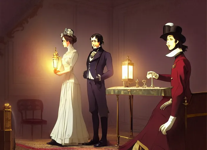 Image similar to victorian britain 1 8 3 6, wealthy couple william and fanny nightingale entertain guests in english victorian manor, adolecent florence nightingale reciting poetry, lamp light, finely detailed perfect art, gapmoe yandere grimdark, trending on pixiv fanbox, painted by greg rutkowski makoto shinkai takashi takeuchi studio ghibli