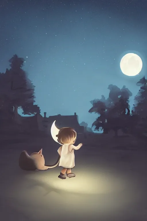 Image similar to a little boy carrying cat at night, lantern light besides, photorealistic face and skin tones, dreamy moonlit nightscape by the garden, lake house, smooth, matte colors, trending on artstation, 4 k, 8 k