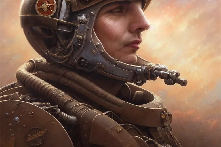 Prompt: portrait shot of ww 1 astronaut, intricate, elegant, highly detailed, centered, digital painting, artstation, concept art, smooth, sharp focus, illustration, artgerm, tomasz alen kopera, peter mohrbacher, donato giancola, joseph christian leyendecker, wlop, boris vallejo