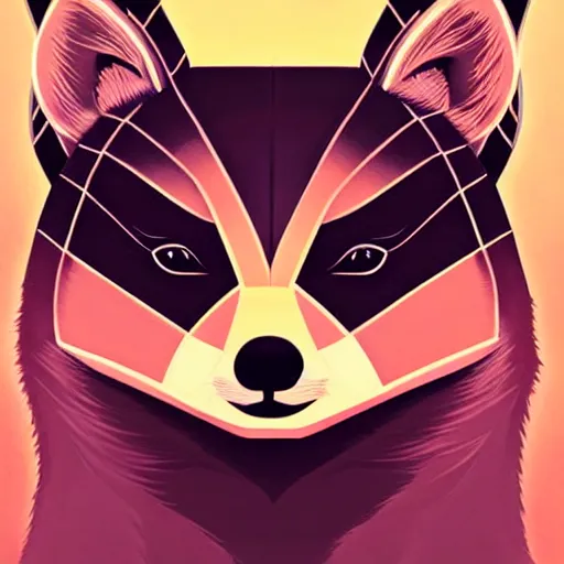 Prompt: Geometric symmetrical raccoon, sun in the background, intricate, elegant, highly detailed, digital painting, artstation, concept art, smooth, sharp focus, illustration, art by artgerm