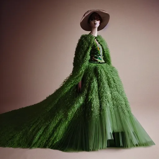 Image similar to Editorial studio photograph of a green Valentino Haute Couture outfit, photographed by Tim Walker