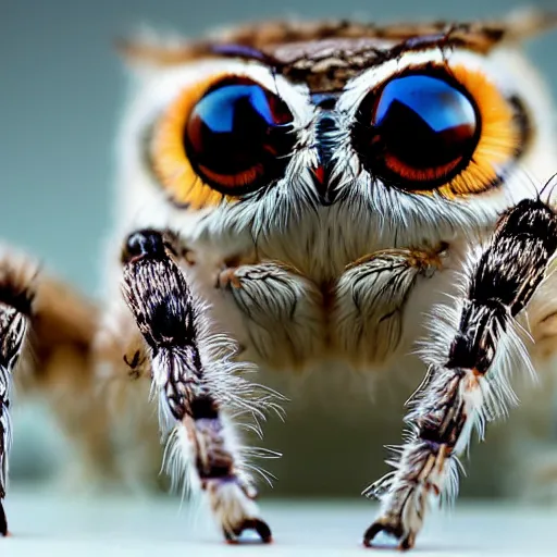 Image similar to jumping spider mixed with Owl, hybrid creature, cute, macro lens
