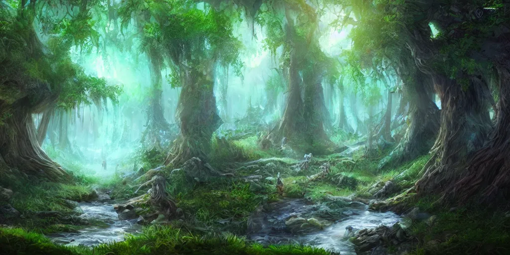 Prompt: digital painting of a fantasy forest, artstation, wallpaper, hd, bushes, river, fantastic creatures, depth of field