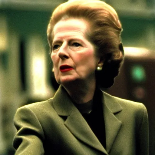 Image similar to A movie still of Margaret Thatcher in The Matrix