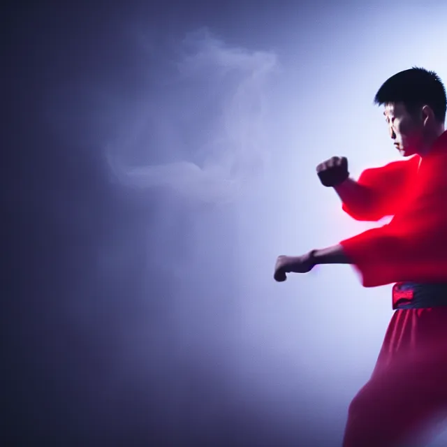 Image similar to wing chun practice supreme fist, detailed wing chun form, mother stance, shanghai, cinematic neon uplighting, fog mist smoke, photorealistic, night photography by tomino - sama