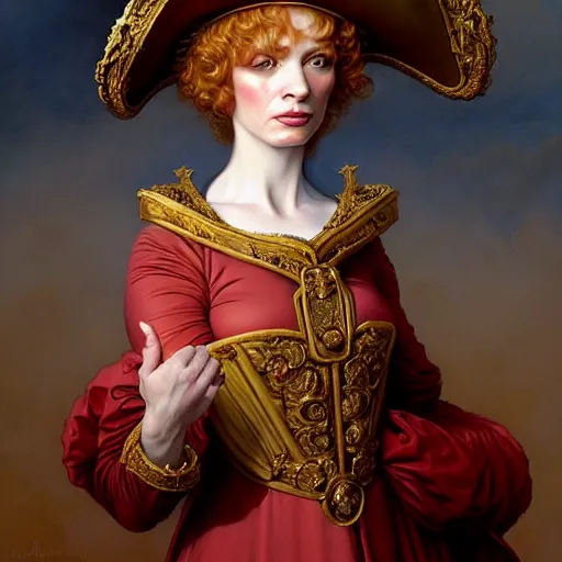 Prompt: clothed, christina hendricks dressed as napoleon - bonaparte, baroque painting, intricate, elegant, highly detailed, centered, digital painting, artstation, concept art, smooth, sharp focus, illustration, artgerm, tomasz alen kopera, peter mohrbacher, donato giancola, joseph christian leyendecker, wlop, boris vallejo