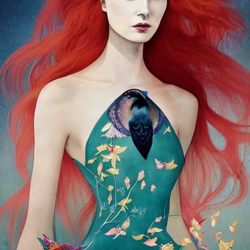 Image similar to beautiful fashion illustration of an enchanting girl wearing an origami dress, hummingbirds, elegant, by esao andrews, by eiko ishioka, givenchy, by peter mohrbacher, centered, floral ornamentic on cloth and hair, detailed beautiful face, high depth of field, fresh colors, vogue, japanese, new yorker, reallusion character creator