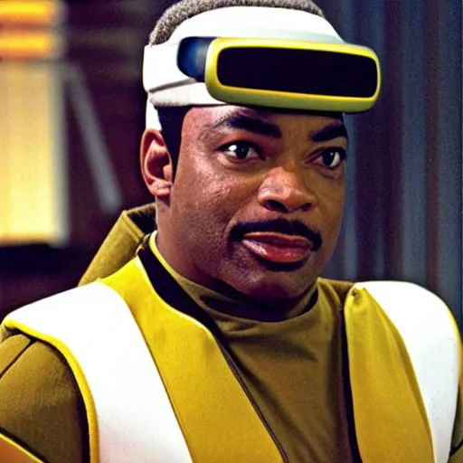 Image similar to Geordi LaForge wearing visor and a colander and random kitchen tools on his head