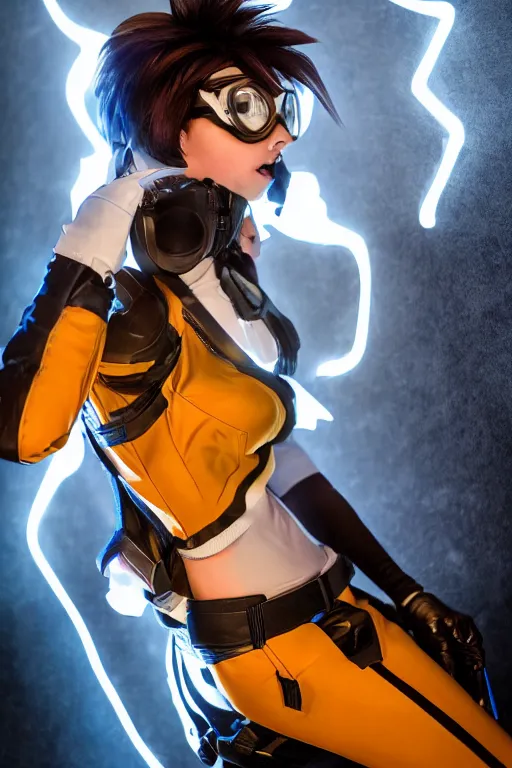 Prompt: tracer from overwatch doing a pin up pose, dark room, cinematic, volumetric lighting, hyperdetailed photograph