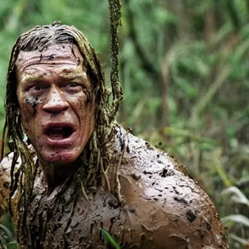 Image similar to film still of john cena as major dutch, covered in mud and hiding, predator!!!!!!!! looks for him in swamp scene in 1 9 8 7 movie predator, hd, 8 k