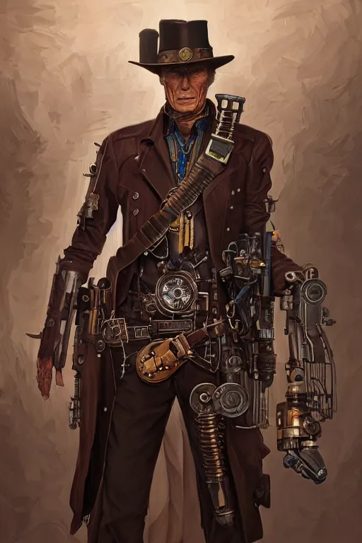 Prompt: clint eastwood as a steampunk cyborg gunslinger, portrait, western, duster, fantasy, intricate, elegant, highly detailed, digital painting, artstation, concept art, sharp focus, illustration, style of studio ghibli, makoto shinkai, raphael lacoste, louis comfort tiffany, artgerm, james jean, ross tran