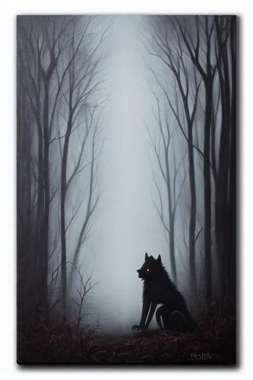 Prompt: dark and spooky woods featuring a menacing werewolf with glowing white eyes. atmospheric, foggy, oil painting on canvas. fairytale