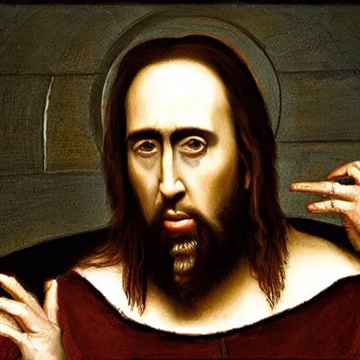 Image similar to nic cage in the last supper as painted by da vinci