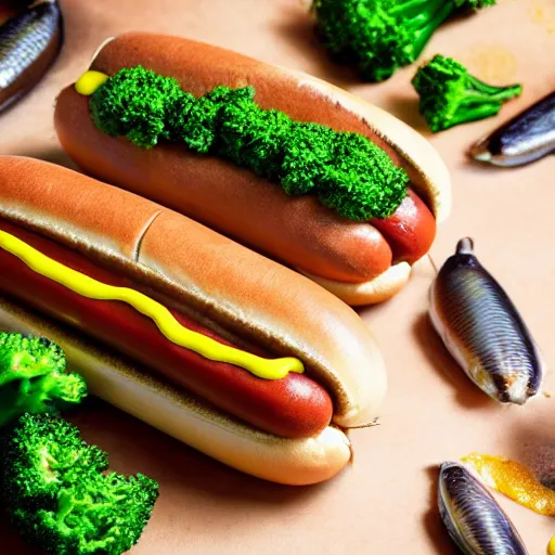 Prompt: photo shoot portrait of a delicious hot dog with whole sardines, broccoli, ketchu and mustard, detailed, uhd, 8k,