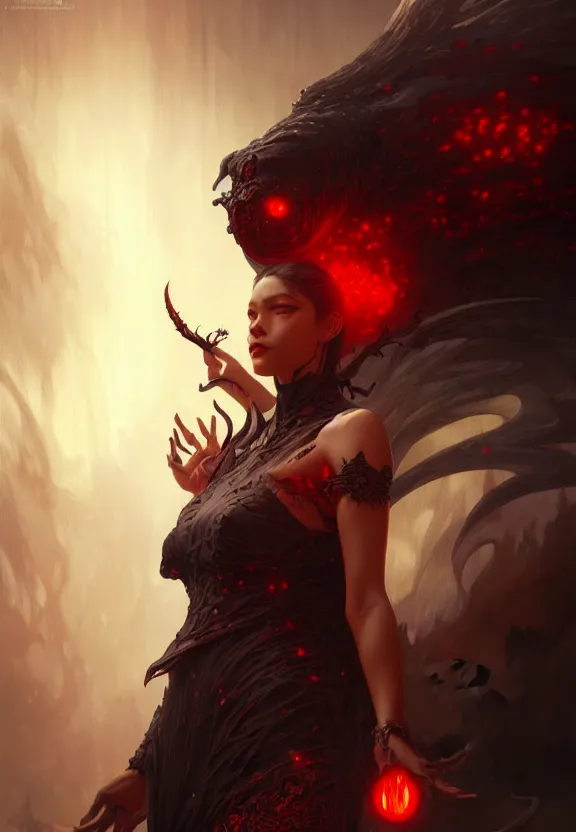 Image similar to a black smoked demon with red eyes, fantasy magic, dark light night, intricate, elegant, sharp focus, illustration, highly detailed, digital painting, concept art, matte, art by wlop and artgerm and greg rutkowski and alphonse mucha, masterpiece
