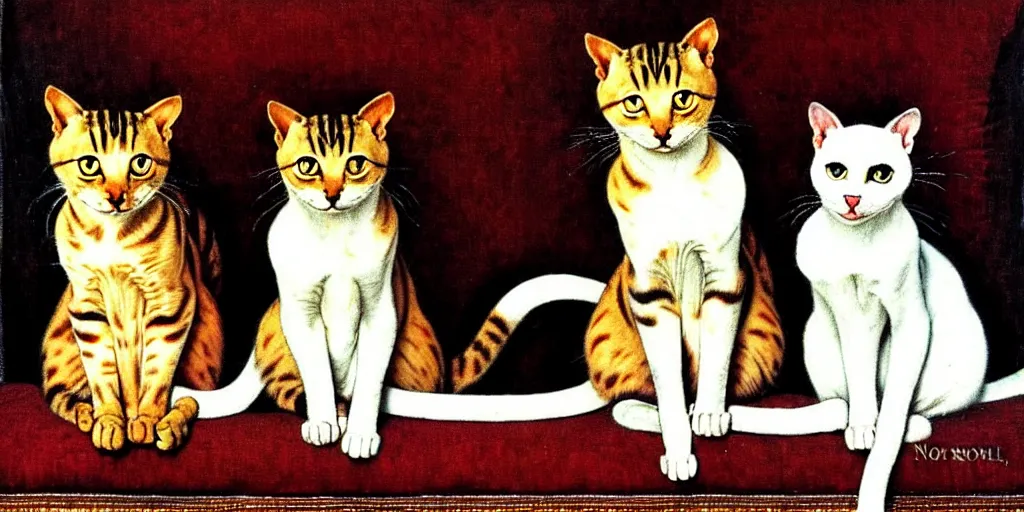 Image similar to two cats on an old armchair, style of norman rockwell