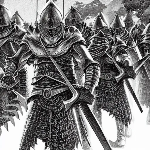 Image similar to a group of knights in the style of kentaro miura, 4 k, 8 k, absolute detailing of even the smallest details and particles, beautiful shadows, beautiful art, black and white drawing, high rendering of the details of the environment and faces