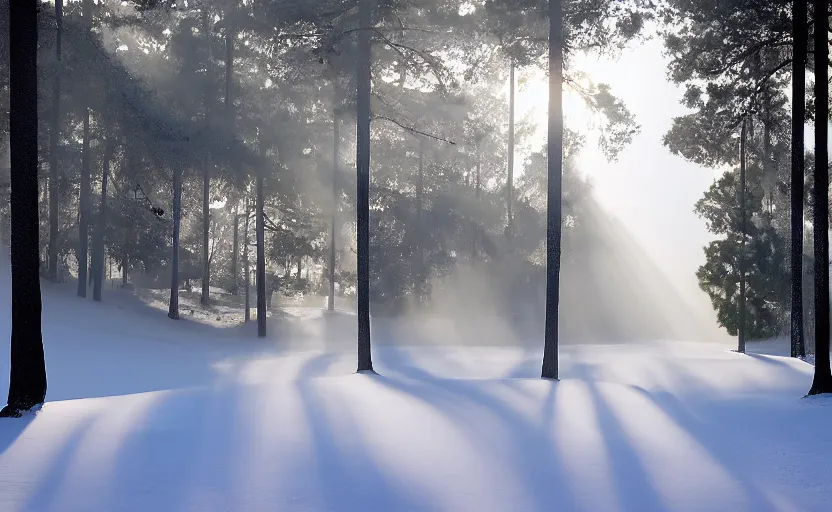 Image similar to augusta national, the masters, nr. 1 2, middle of the winter, completely covered in snow, beautiful ambient light, stunning photography, fog, light rays