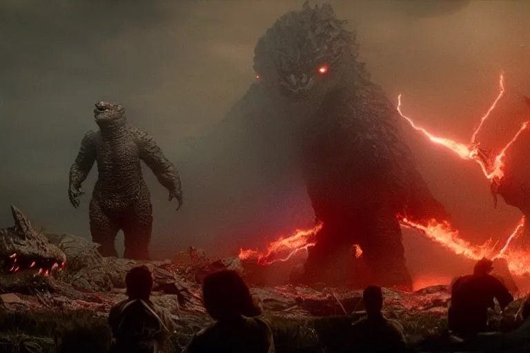 Image similar to two godzillas!!! sitting in the living room!!! couch!!! playing playstation in the couch, sitting with playstation controllers, playing videgames, in the living room, cinematic, epic lighting, still shot from the new godzilla movie