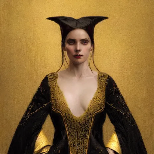Prompt: portrait of a witch, dressed in gold embroidered clothing, by greg rutkowski.