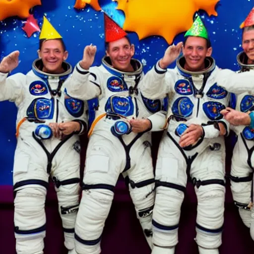 Prompt: a group of 4 astronauts dabbing around a birthday cake, they are wearing birthday hats