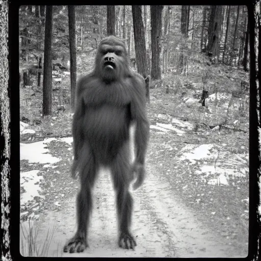 Image similar to a trailcam photo of bigfoot, grainy, vintage, partially obscured