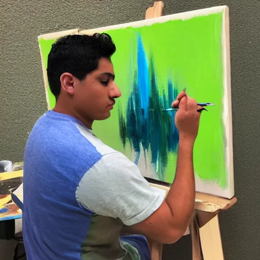 Image similar to A young male Latino artist painting a plain green picture on canvas