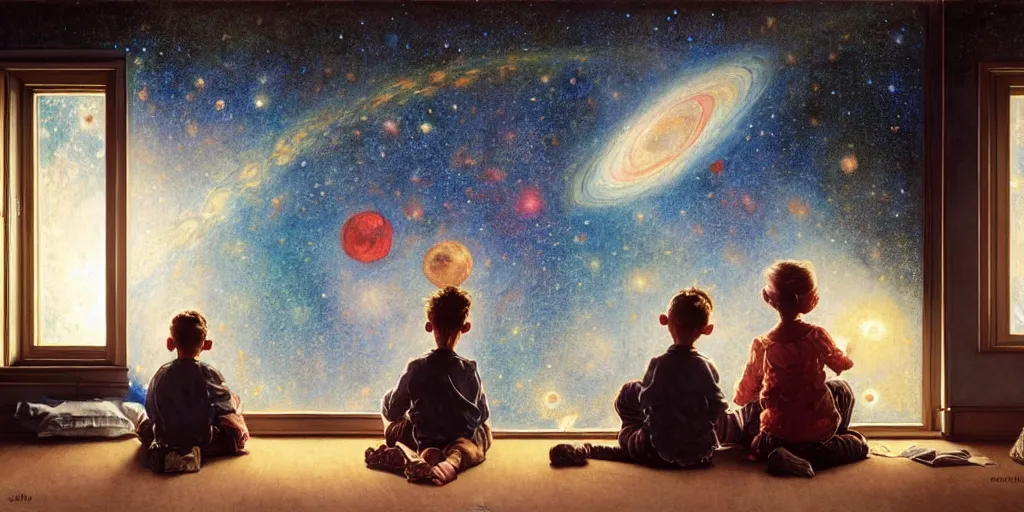 Prompt: one 5 year old boy and one 1 2 year old girl dreaming in their room with a wall with the universe full of galaxies and planets, imagination, part by norman rockwell, part by greg rutkowski, part by mattias adolfsson, high angle, ( ( ( ( volumetric lighting ) ) ) ), oil on canvas