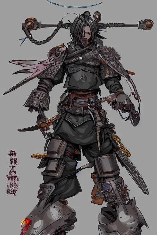 Image similar to character of crono trigger by the artist Max Berthelot. Rendering a cyberpunk samurai , full of details, by Evan Yovaisis and Jason Nguyen , art book, trending on artstation and daily DeviantArt